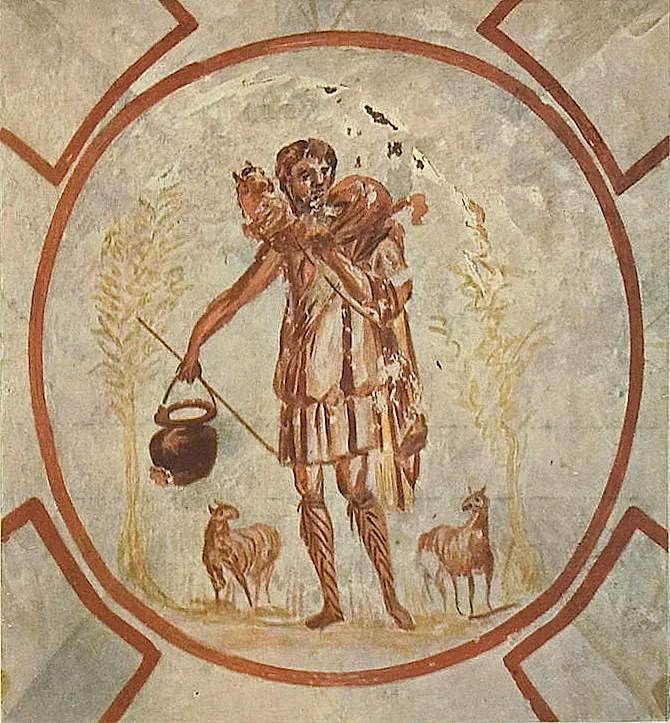 The Good Shepherd, Priscilla Catacomb,from the 1903 book Die Malereien der Katakomben Roms (Tafeln) by Wilpert, Joseph