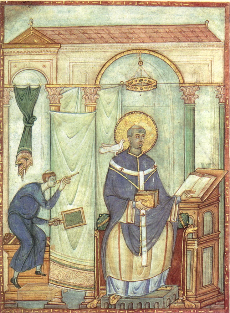 Registrum gregorii, san gregorio magno ispirato dalla colomba, 983 miniatura, treviri stadtbiblithek, 19,8x27 cm