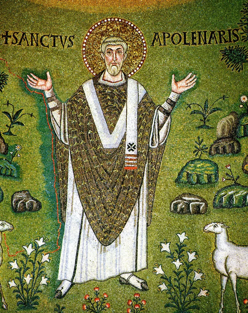 Saint Apollinaris, first bishop of Ravenna. Detail from the 6th century Byzantine mosaic in the apse of the basilica of Sant'Apollinare in Classe