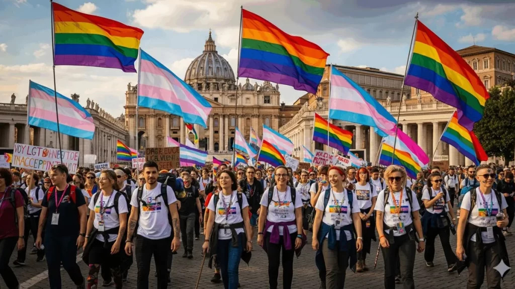 Peregrinos con banderas arcoíris y trans ante la basílica de San Pedro