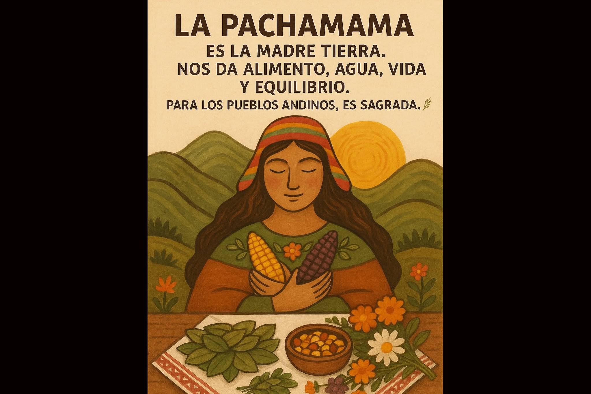 Cartel: «La Pachamama es la Madre Tierra. Nos da alimento, agua, vida y equilibrio. Para los pueblos andinos, es sagrada.»