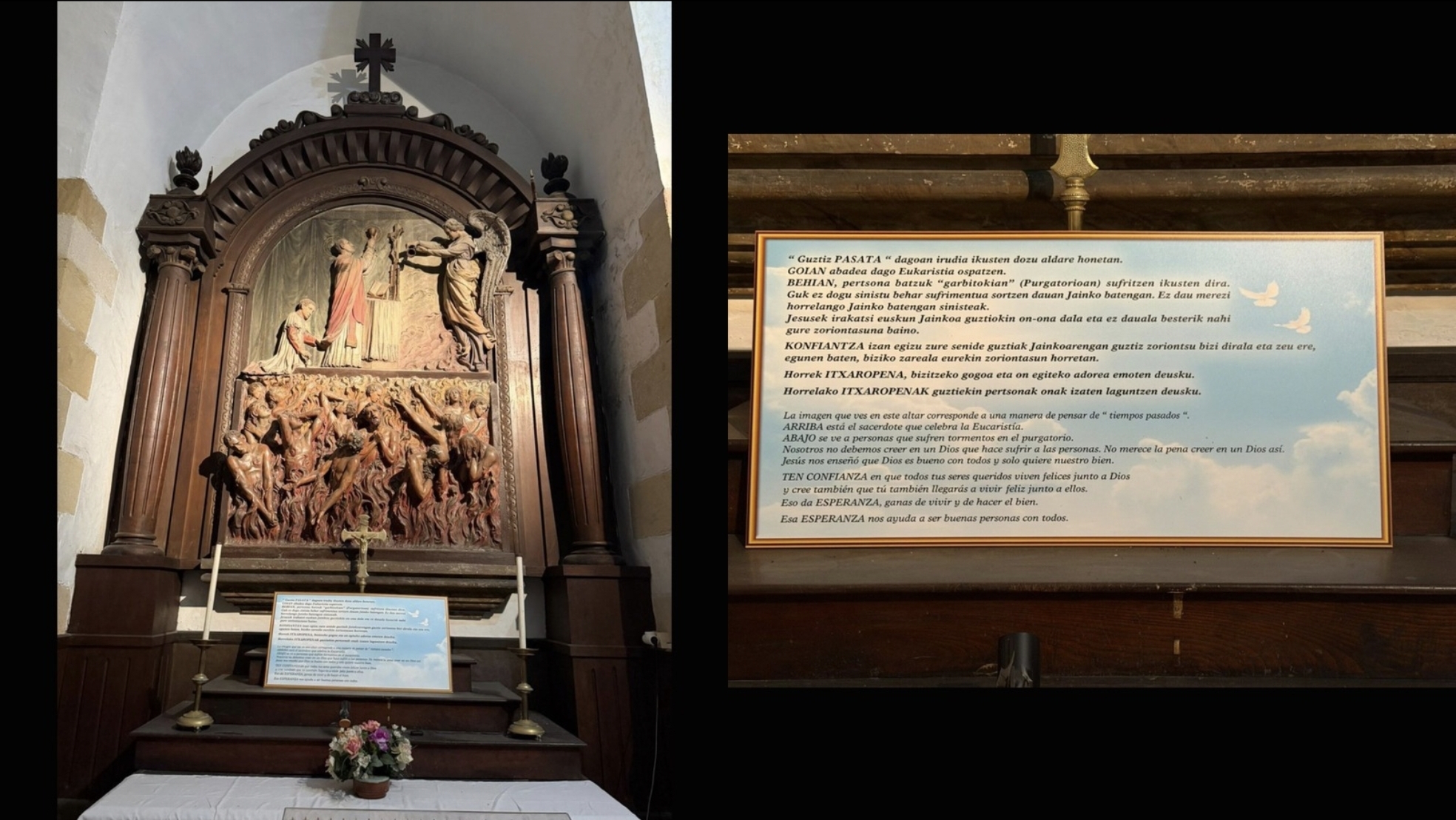 El retablo de las Ánimas de Santa María de Bermeo y el cartel colocado ante él (foto difundida por @Markelpi_).
