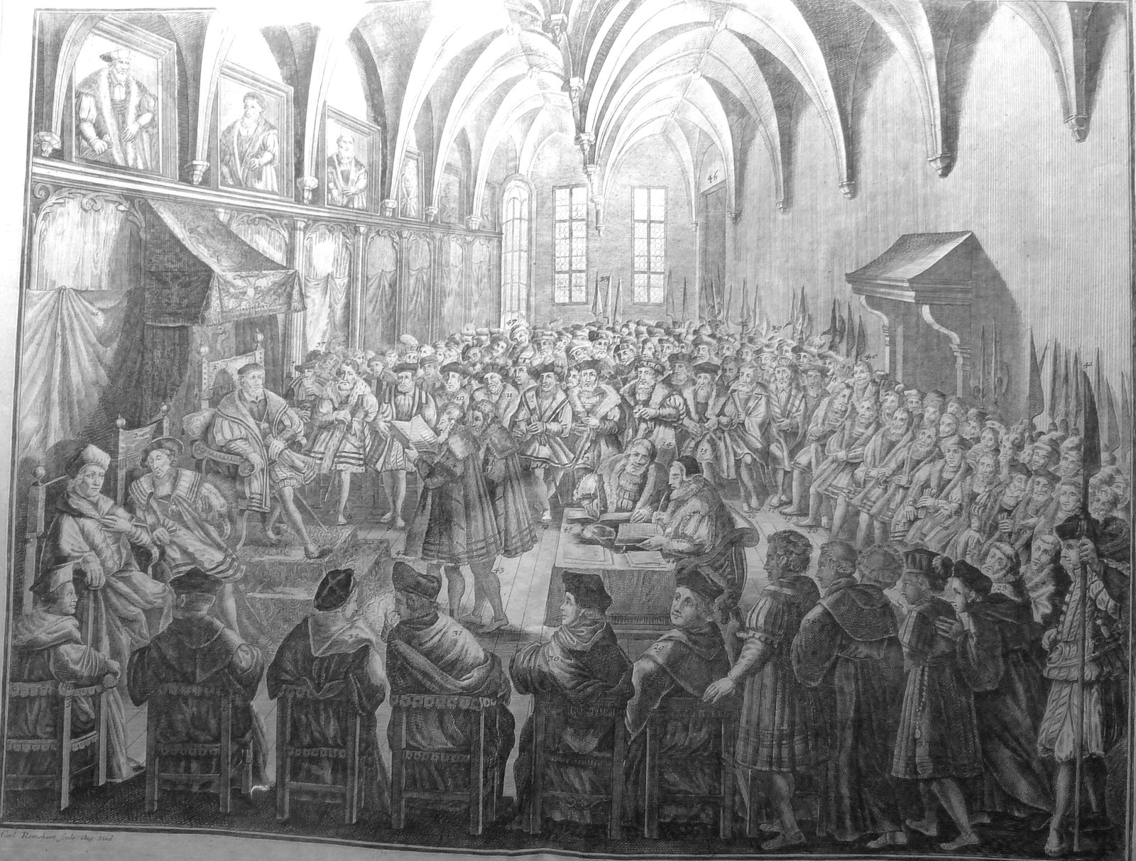 Lectura de la Confesión de Augsburgo ante Carlos V, 25 de junio de 1530. Grabado de Carl Remshart (Augsburgo, siglo XVIII).