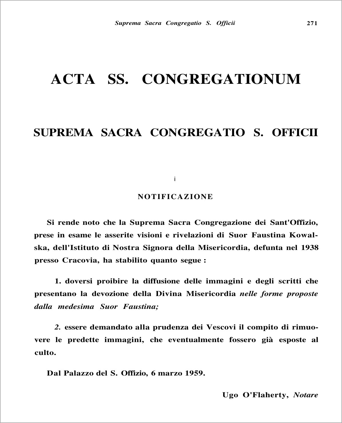 Página 271 de las Acta Apostolicae Sedis de 1959 con la Notificación del Santo Oficio sobre las visiones de sor Faustina Kowalska.