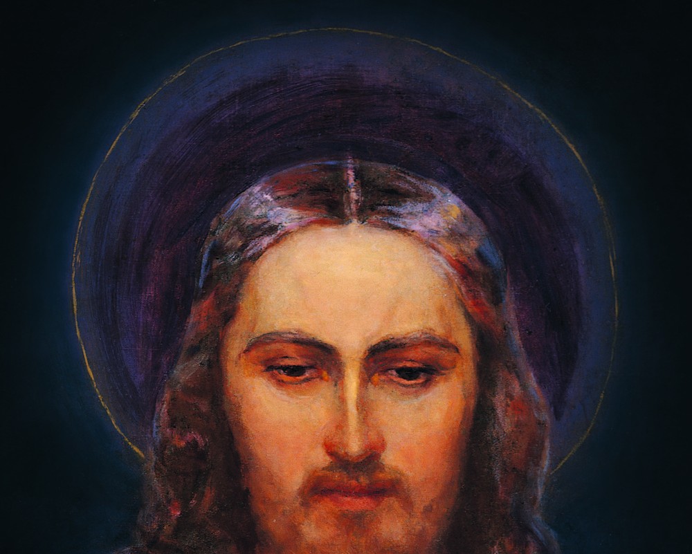 Detalle de la cabeza de Cristo en el cuadro de Eugeniusz Kazimirowski (Vilna, 1934): a ambos lados de la raya del pelo, dos reflejos curvados hacia arriba.